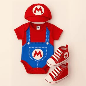 Conjunto Body Mario+Boina+ Tenis Baby – Fantasia Infantil para Ensaios e Presente