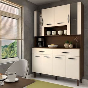 Armário de Cozinha Kit 8 Portas 2 Gavetas com Vidro Nogueira/Off White - Panorama Móveis