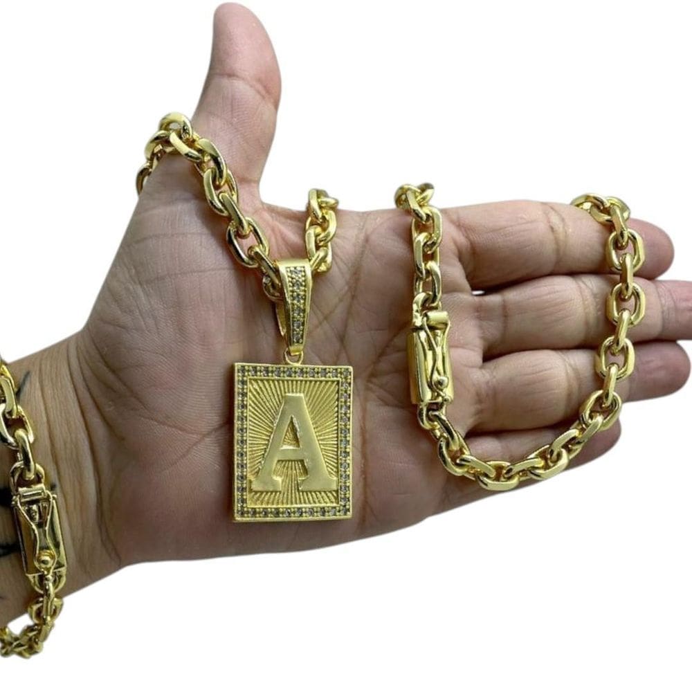 Kit Cadeado 8Mm + Pingente Letra Cravejado Banhado Ouro