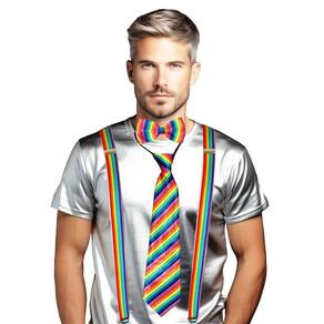Kit Suspensório Arco-Íris LGBT + 2 Gravatas Rainbow Colorida Modelos Diferentes = 3 Produtos
