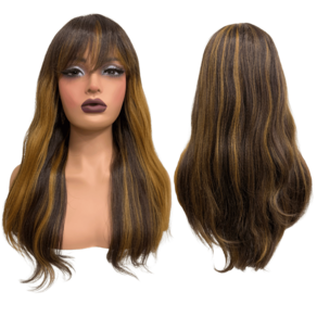 Peruca castanho claro mechas loiras com franja 55cm BHF427