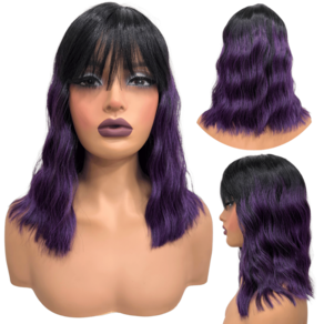 Peruca curta c/ franja roxo ombre 30cm ondulada OTPU