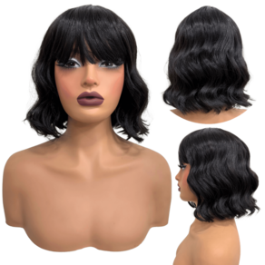 Peruca curta com franja preta natural ondulada long bob 2