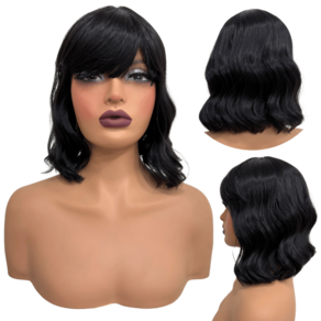 Peruca curta com franja preta ondulada long bob orgânica 1B