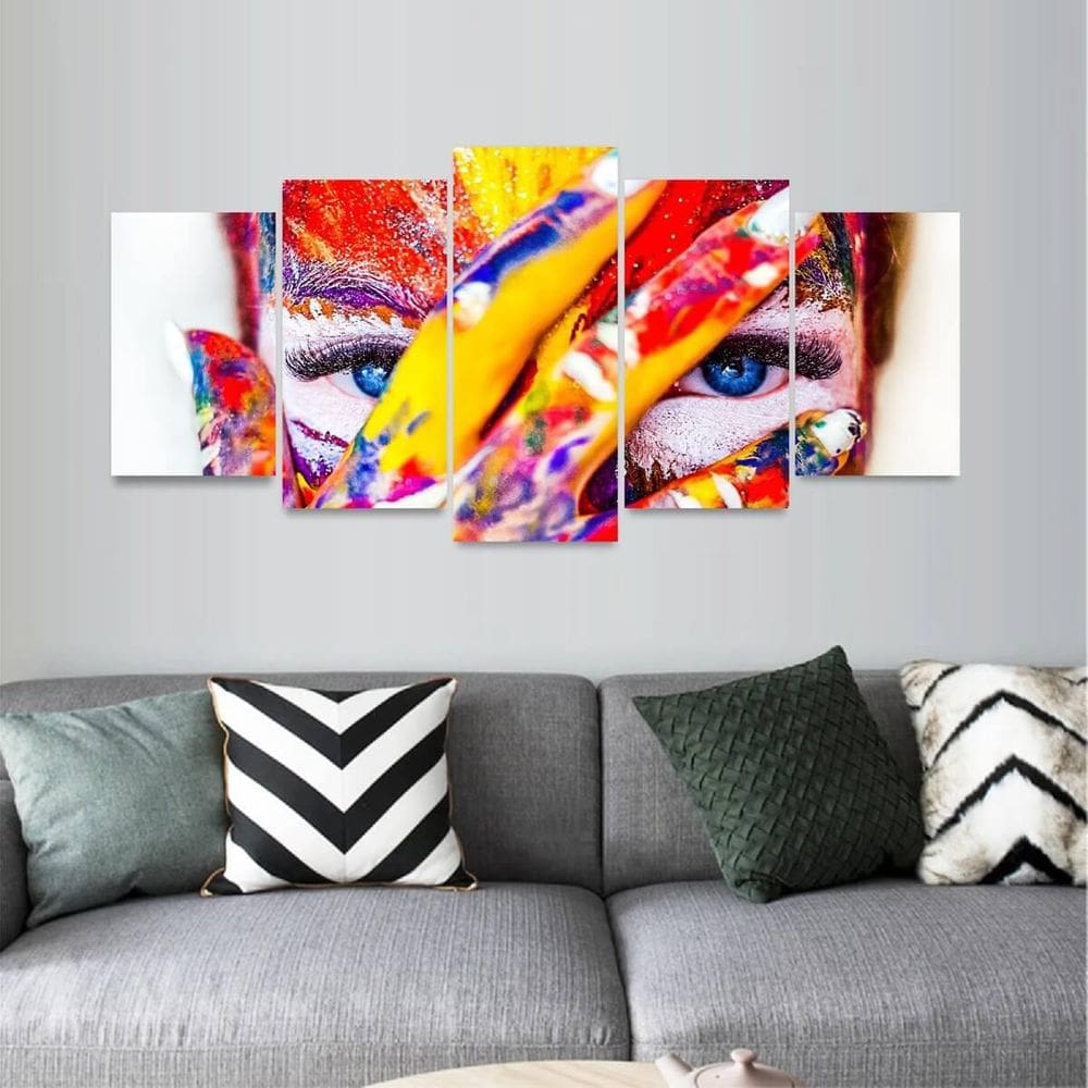 Quadro Arte Abstrata Menina Pintura Colorida Mosaico 5 Peças