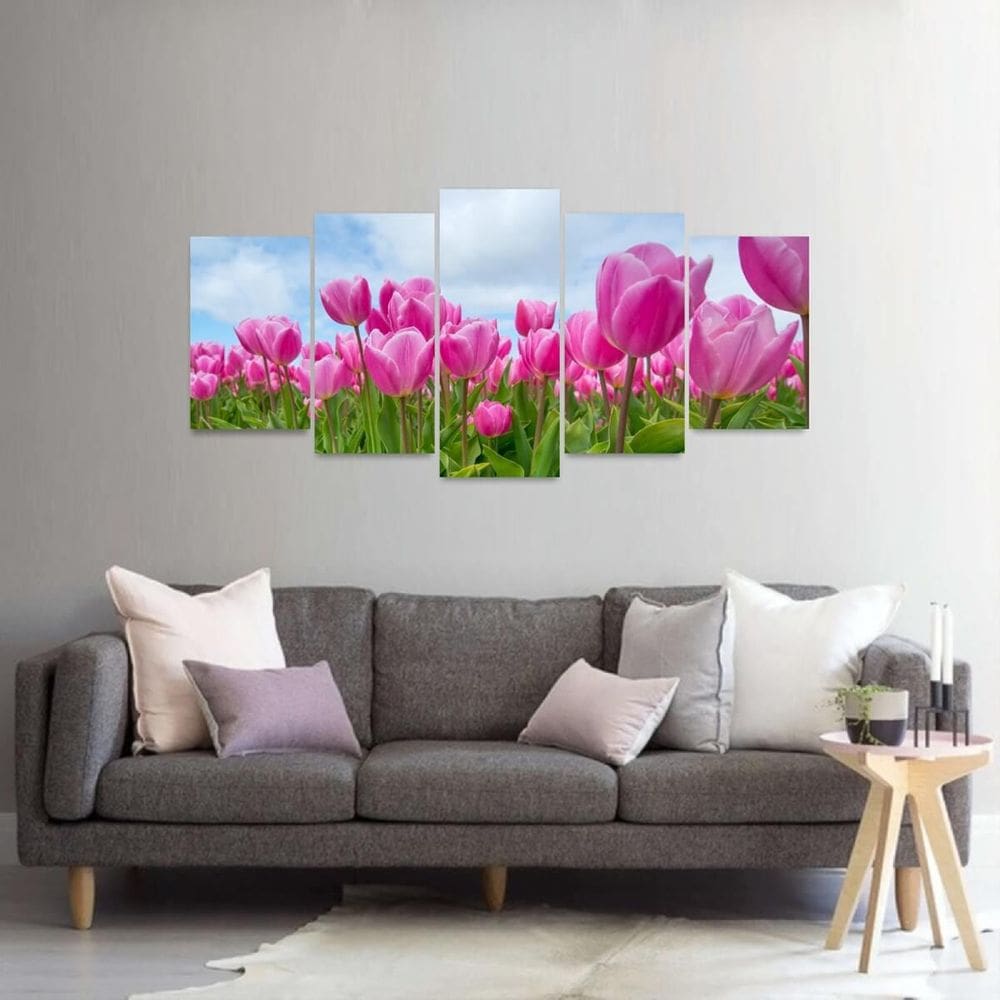 Quadro Mosaico 5 Peças Flores Tulipas Rosas Paisagem 125X60