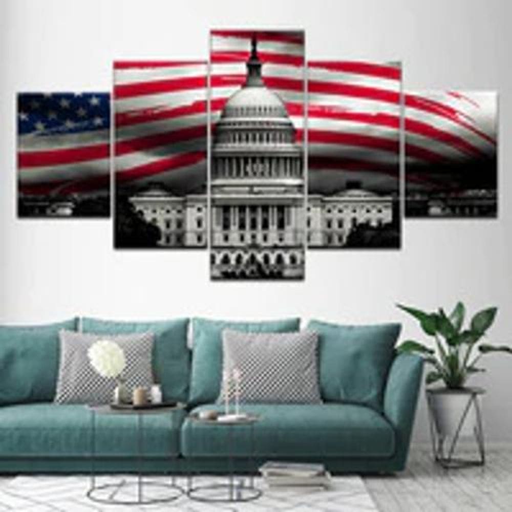 Quadro Decorativo Mosaico 5 Peças Congresso E Bandeira Eua