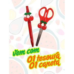 Kit Frutas tesoura sem ponta e caneta esferográfica azul abacate melancia cereja fofos enfermagem enfermeira frutinhas