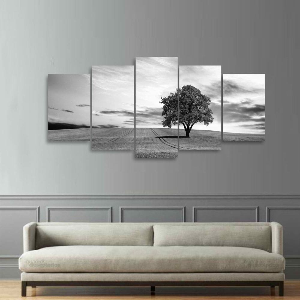 Quadro decorativo Paisagem Mosaico 5 Peças em Preto e Branco