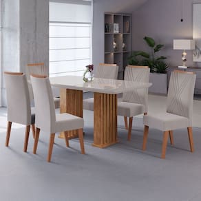 Mesa de Jantar 6 Lugares Platina com Vidro Ripado Marrom/Bege/Off White - Viero Móveis