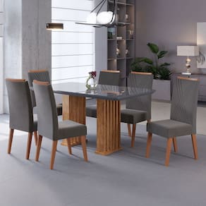 Mesa de Jantar 6 Lugares Platina com Vidro Ripado Marrom/Cinza/Grafite - Viero Móveis