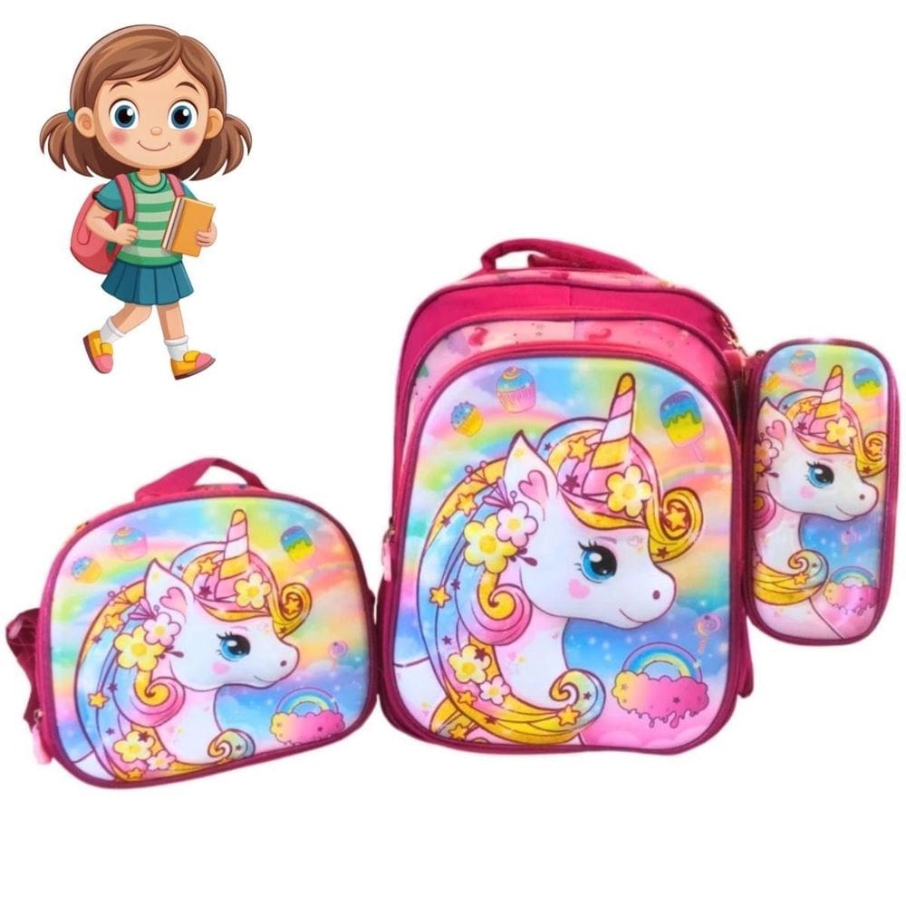 Kit Infantil Feminino Unicórnio Lancheira Mochila E Estojo