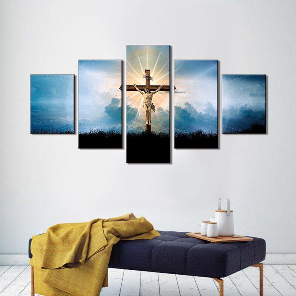 Quadros Decorativos Mosaico 5 Peças Jesus Na Cruz Luz No Ceu