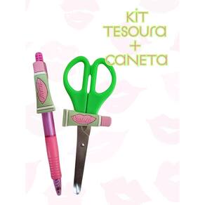 Kit Tesoura e Canetas esferografica hidratante labial tesoura sem ponta escolar e caneta azul papelaria