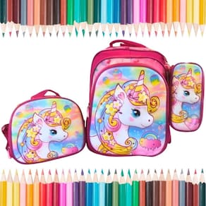 Conjunto Lancheira Mochila E Estojo Unicórnio Feminino Rosa