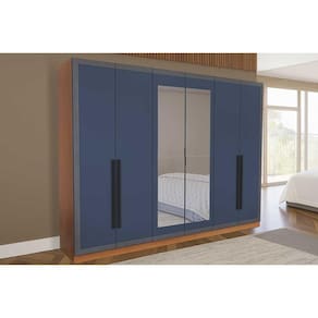 Guarda Roupa Casal 6 Portas (2 c/ Espelho) e 4 Gavetas Valência Freijo/Azul - Politorno
