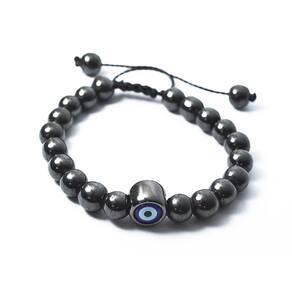 Pulseira De Bolinha Pedra Hematita 8Mm Olho Grego Regulável