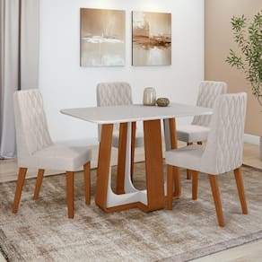 Conjunto Sala de Jantar Mesa Easy Pop 120x80cm Tampo Vidro/MDF com 4 Cadeiras Seat Linho Mosaico Cinza Frassino/off White