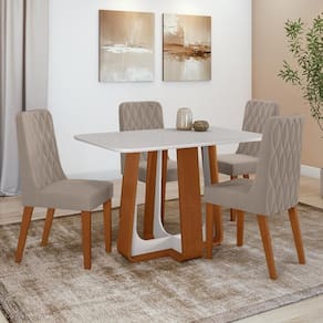 Conjunto Sala de Jantar Mesa Easy Pop 120x80cm Tampo Vidro/MDF com 4 Cadeiras Seat Suede Animale Bege Frassino/off White