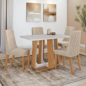 Conjunto Sala de Jantar Mesa Easy Pop 120x80cm Tampo Vidro/MDF com 4 Cadeiras Seat Linho Rinzai Bege Amendoa Clean/off White
