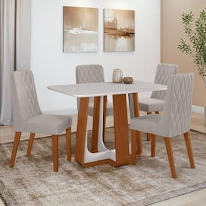 Conjunto Sala de Jantar Mesa Easy Pop 120x80cm Tampo Vidro/MDF com 4 Cadeiras Seat Veludo Liso Capuccino Frassino/off White