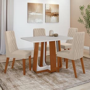 Conjunto Sala de Jantar Mesa Easy Pop 120x80cm Tampo Vidro/MDF com 4 Cadeiras Seat Veludo Naturale Creme Frassino/off White