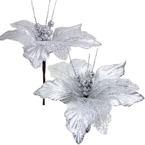 Kit 12 Flores Artificiais Decoração Natal Prata Glitter 30cm