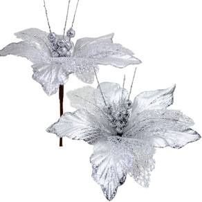 Kit 4 Flores Artificiais Decoração Natal Prata Glitter 30cm