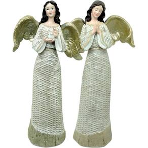 Dupla Anjos Decoração Em Resina Glitter Branco Natal De 38cm