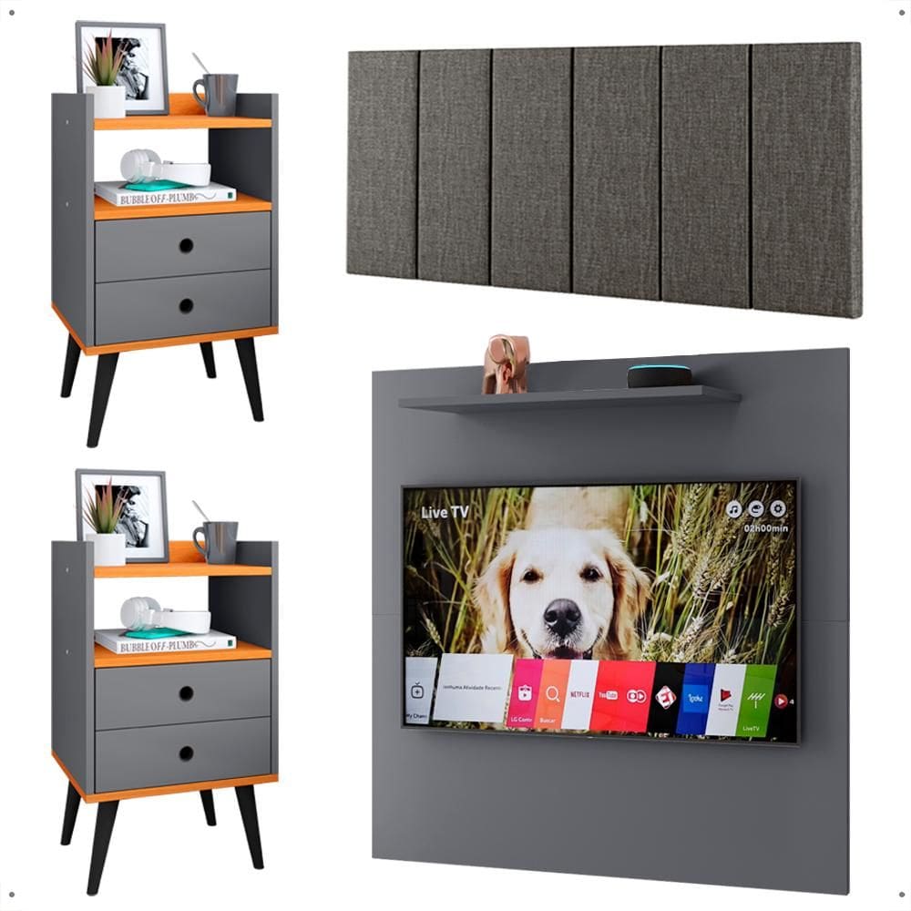 Kit Quarto Casal 2 Mesinhas Pequena Painel Sala Tv 32 Polegadas Cabeceira Suspensa Cama Box Queen Size 1,60 - Lojas RPM