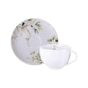 Conjunto Xícara e Pires de Chá Porcelana 250ml Tramontina Magnólia Branca Decorada