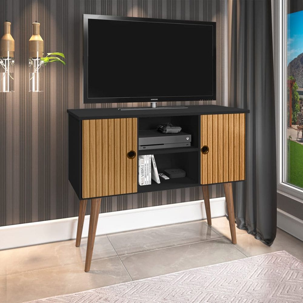 Estante Rack Viena Clássico 90cm com Portas - Preto/ripado