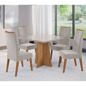 Conjunto Sala de Jantar Salvador Mesa 90x90cm Tampo Com Vidro e 4 Cadeiras Flora Cobre/Off White/Pastel - Casa Giulia
