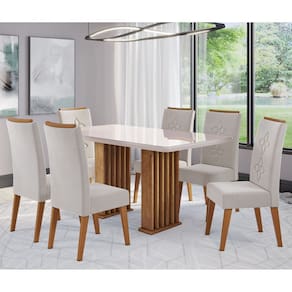 Conjunto Sala de Jantar Laurent 160x90cm Tampo com Vidro e 6 Cadeiras Flora Cobre/Off White/Pastel - Casa Giulia