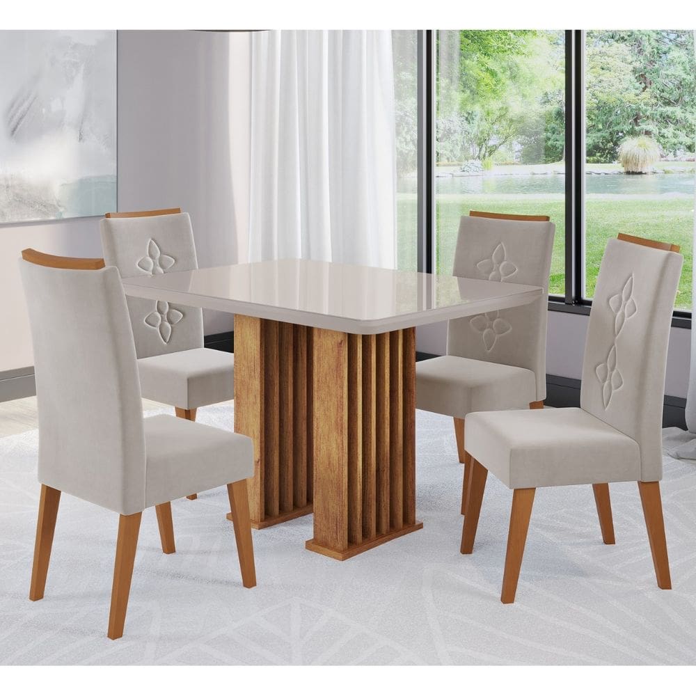 Conjunto Sala de Jantar Ophelia Mesa 120x90cm Tampo com Vidro e 4 Cadeiras Flora Cobre/Off White/Pastel - Casa Giulia
