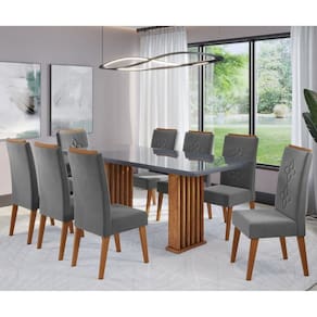 Conjunto Sala de Jantar Zuri Mesa 200x90cm Tampo Com Vidro e 8 Cadeiras Flora Cobre/Grafite/Cinza - Casa Giulia