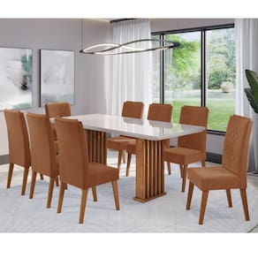 Conjunto Sala de Jantar Zuri Mesa 200x90cm Tampo Com Vidro e 8 Cadeiras Flora Cobre/Off White/Terracota - Casa Giulia