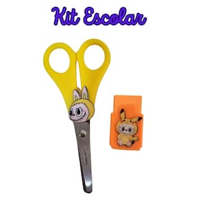 Kit Escolar tesoura sem ponta e borracha La bubu papelaria borracha com capa escolar material férias escolares