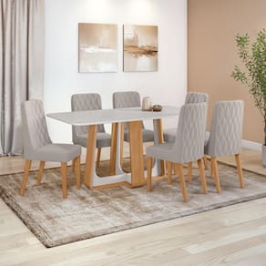Conjunto Sala de Jantar Mesa Easy Pop 170x90cm Tampo Vidro/MDF com 6 Cadeiras Seat Veludo Liso Capuccino Amendoa/Off White