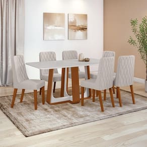 Conjunto Sala de Jantar Mesa Easy Pop 170x90cm Tampo Vidro/MDF com 6 Cadeiras Seat Linho Mosaico Cinza Frassino/Off White