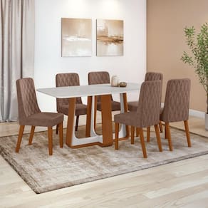 Conjunto Sala de Jantar Mesa Easy Pop 170x90cm Tampo Vidro/MDF com 6 Cadeiras Seat Couro Morano Avelã Frassino/Off White