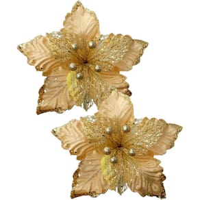 Kit 6 Flores Artificial Glitter Dourado Enfeite Natal 25cm