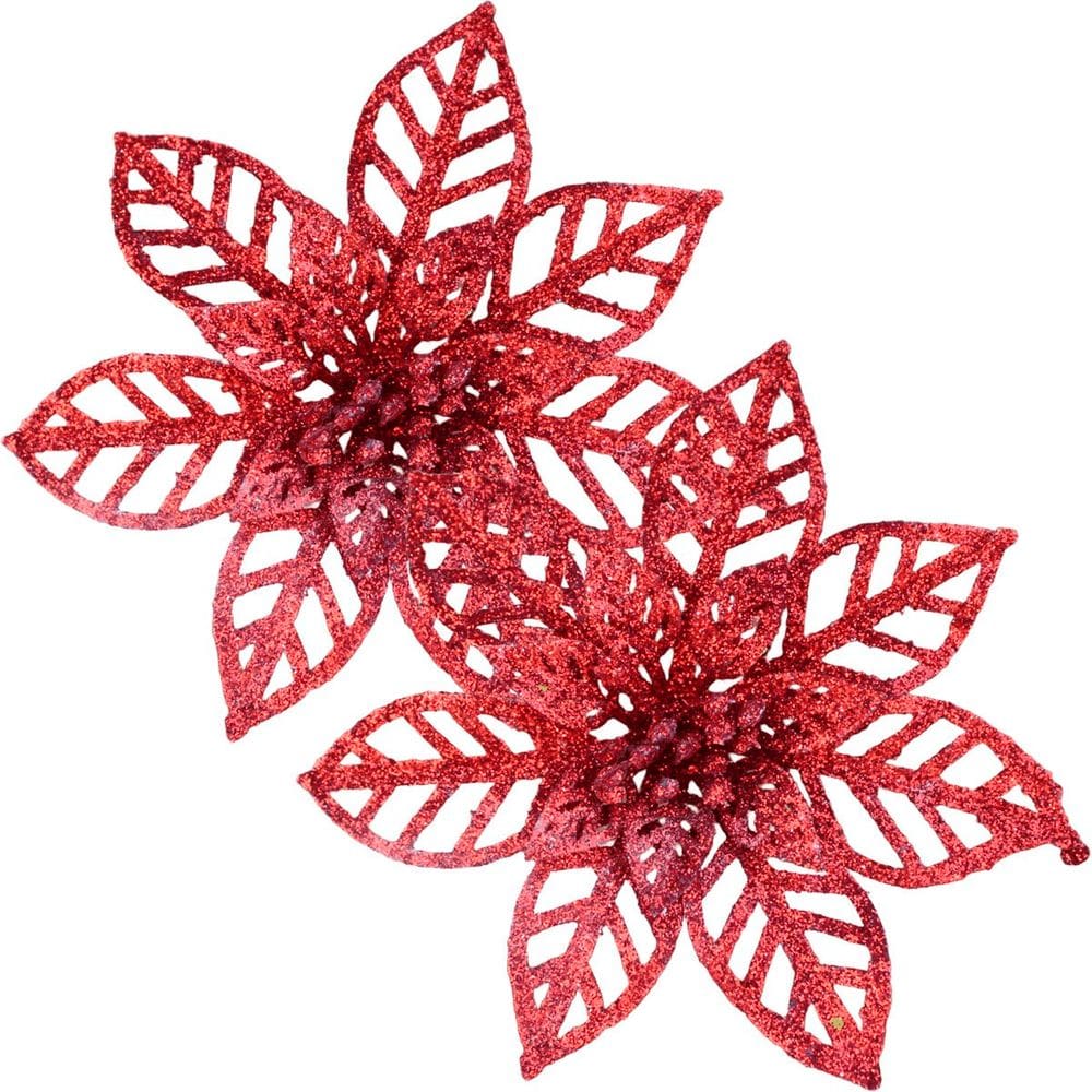 Kit 16 Flores Vermelha Gliter Decoração Árvore De Natal 14cm