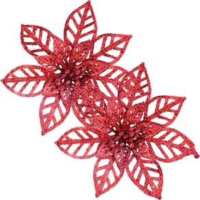 Kit 12 Flores Vermelha Gliter Decoração Árvore De Natal 14cm