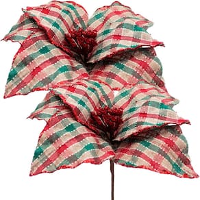 Kit 6 Flores Artificiais Xadrez Artesanal Gliter Natal 30cm