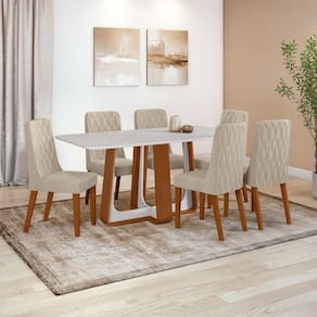 Conjunto Sala de Jantar Mesa Easy Pop 170x90cm Tampo Vidro/MDF com 6 Cadeiras Seat Linho Rinzai Bege Frassino/Off White