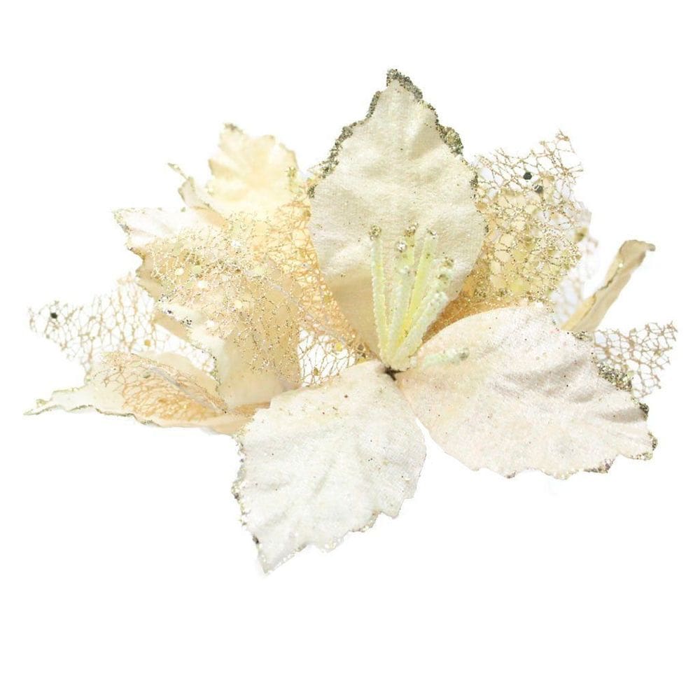 Kit 2 Flores Com Cabo Artificial Decoração De Natal Com Glitter 22cm