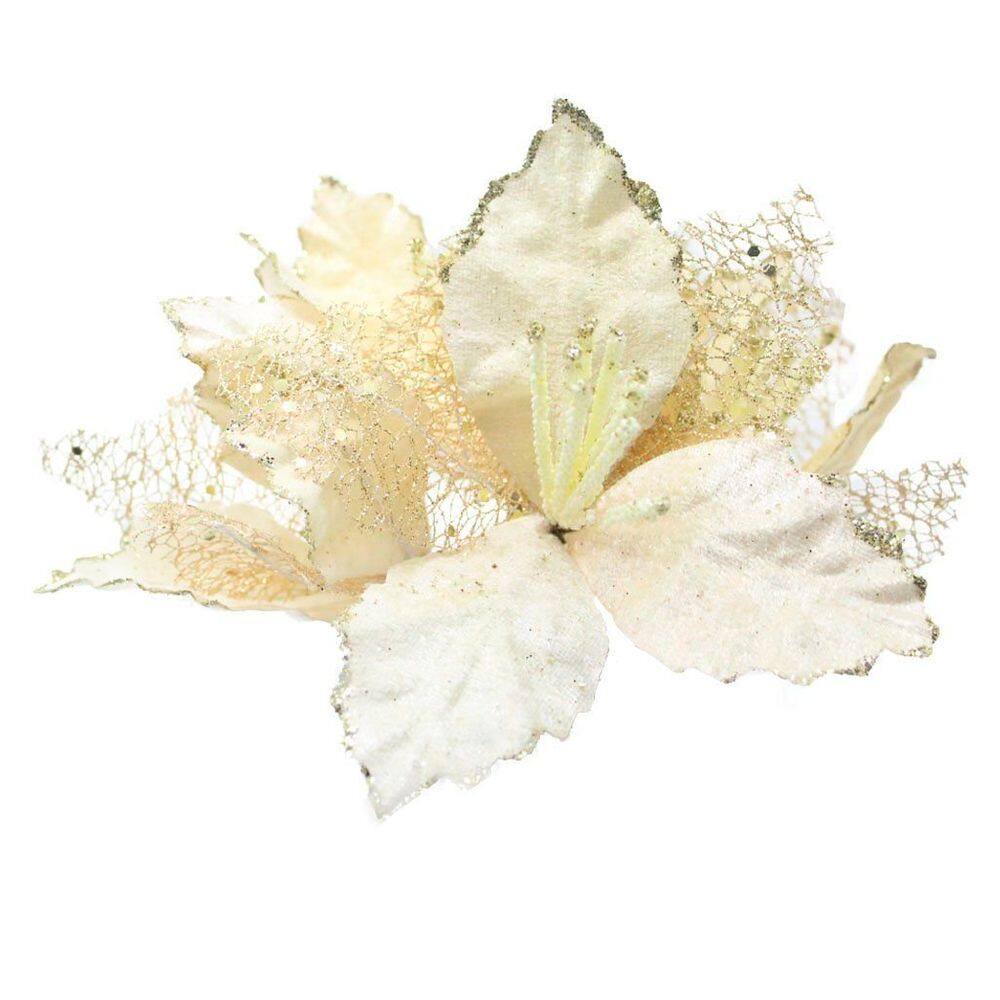 Kit 4 Flores Com Cabo Artificial Decoração De Natal Com Glitter 22cm