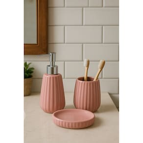 Kit Banheiro de Cerâmica 3 Peças Rosa com Prata - Rosa