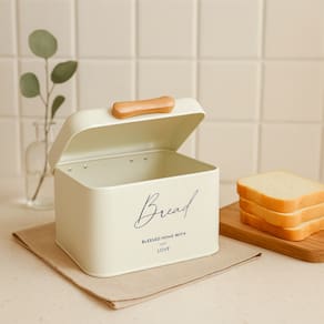 Porta Pão de Metal Off White com Alça em Madeira - Crisp - P